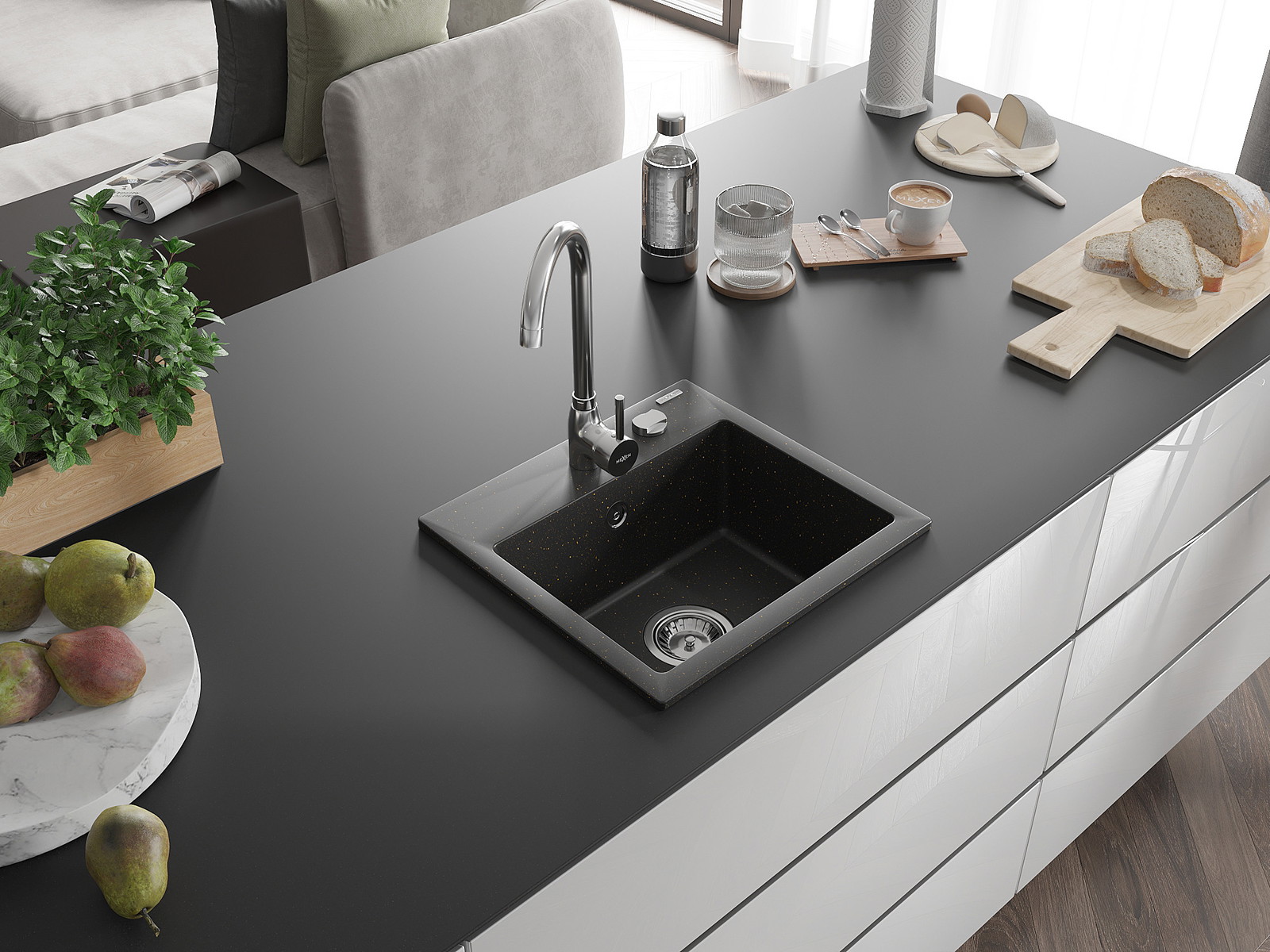 Mexen Milo chiuvetă de granit cu 1 cuvă 435 x 410 mm, neagră/auriu metalizat, sifon cromat - 6505441000-75